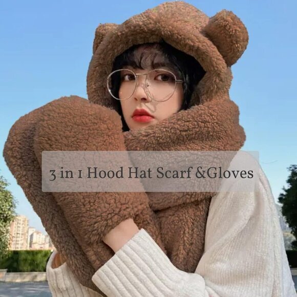 Unisex Brown Winter Bear Ear Sherpa Hood Hat Scarf Gloves 3 in1 100% Polyester - Picture 2 of 5